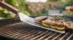 Demonstrating the flexible, slotted blade of a fish slice lifting delicate grilled fillets