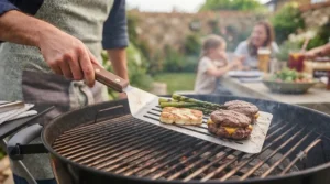 Using a wide BBQ spatula to flip beef burgers and halloumi cheese