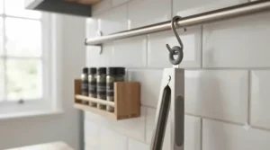 Stylish silicone tipped tongs hanging from a kitchen utensil rail by their integrated hanging loops.