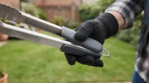 A hand wearing a black heat-resistant silicone glove gripping the handle of the stainless steel BBQ tongs, showing a secure, safe hold near a hot barbecue grill.