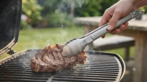 Ergonomic heat-resistant silicone grip on long handle BBQ tongs keeping hands safe from flames.