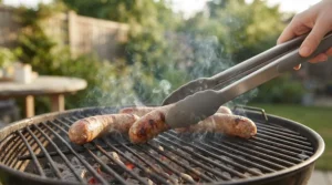 Ergonomic silicone tipped tongs being used to grill sausages on a garden barbecue.