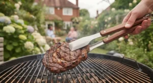 Heavy-duty locking barbecue tongs securely gripping thick cuts of steak.