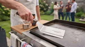 Close-up of a heavy-duty stainless steel wide spatula for burgers showing its brushed metal finish