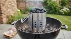 Using a chimney starter to easily ignite long-lasting briquettes for BBQ on a rainy British afternoon.