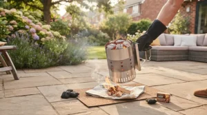 Using a chimney starter to easily light restaurant-quality briquettes for a home BBQ.