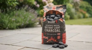 Packaging of instant light charcoal for beginners highlighting quick-ignition features without needing lighter fluid.
