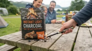 Step-by-step lighting of instant light charcoal for a quick and easy camping barbecue.