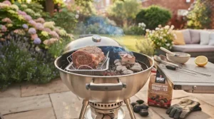 Setting up a home BBQ for indirect cooking and roasting using professional briquettes.