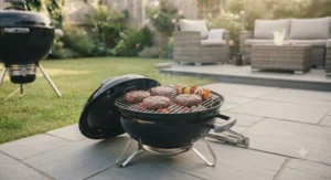 Compact kettle barbecue using clean-burning instant light charcoal on a modern British patio.