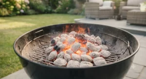 Infographic comparing the long burn time and consistent heat output of premium instant light charcoal.