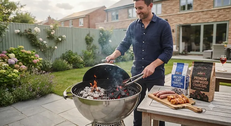 Comparison of instant light charcoal versus lumpwood charcoal for a British garden barbecue. instant light charcoal vs lumpwood