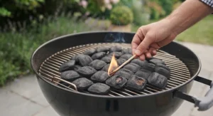 Lighting instant barbecue charcoal with a safety match during a sunny weekend gathering.