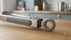 Close-up of the pull-ring locking mechanism on durable silicone tipped tongs for compact storage.