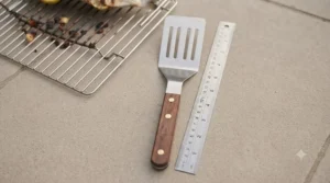 Long-handled barbecue fish turner positioned next to a standard grill grate for scale