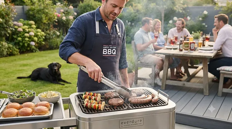 Stainless steel long handle BBQ tongs resting on a smoking British garden barbecue grill. long handle BBQ tongs