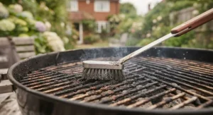 Long-handle grill cleaning brush with stiff wire bristles cleaning a charcoal barbecue grate.