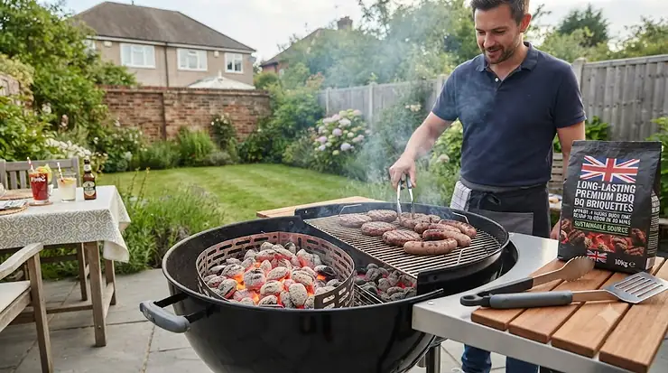 A bag of premium long-lasting briquettes for BBQ glowing red-hot in a charcoal grill, ready for British garden cooking. long-lasting briquettes for BBQ