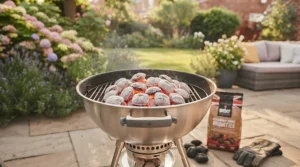 High-heat output and long-lasting burn time from restaurant-quality briquettes on a home barbecue.