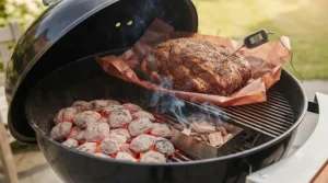 A lidded kettle barbecue using long-lasting briquettes for BBQ to slow-cook pork shoulder for a summer gathering.