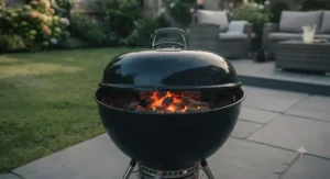 Clean-burning low-smoke instant light charcoal glowing gently during an evening family barbecue.