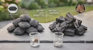 Diagram comparing natural hardwood lumpwood charcoal with chemical instant light briquettes.