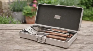 A compact aluminium storage case containing a complete BBQ tool set, perfect for camping trips or packing away after use.