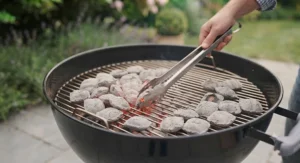 Spreading glowing charcoal briquettes to create direct and indirect cooking zones on a garden barbecue.