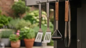 Close-up of a durable stainless steel BBQ tool set showing rust-resistant metal ideal for unpredictable British weather.
