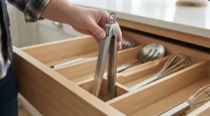 A hand holding the closed, locked stainless steel tongs, lowering them neatly into a partitioned wooden kitchen drawer, demonstrating compact and organised storage.