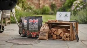 Ethically sourced, eco-friendly long-lasting briquettes for BBQ stacked neatly next to a patio garden.