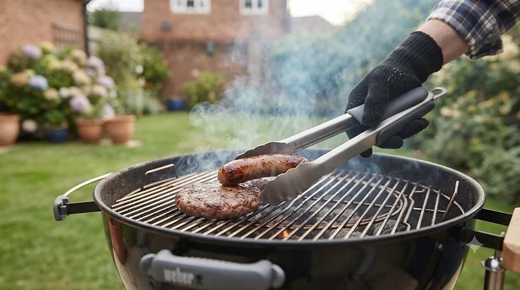 A close-up of the locking tongs being used by a person in a plaid shirt to turn traditional British sausages and beef burgers on a smoking charcoal kettle barbecue grill. locking BBQ tongs vs non-locking