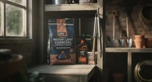 Weather-resistant packaging of instant light charcoal stored safely in a British garden shed.