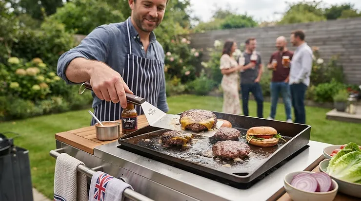 Stainless steel wide spatula for burgers resting on a barbecue grill in a British garden wide spatula for burgers